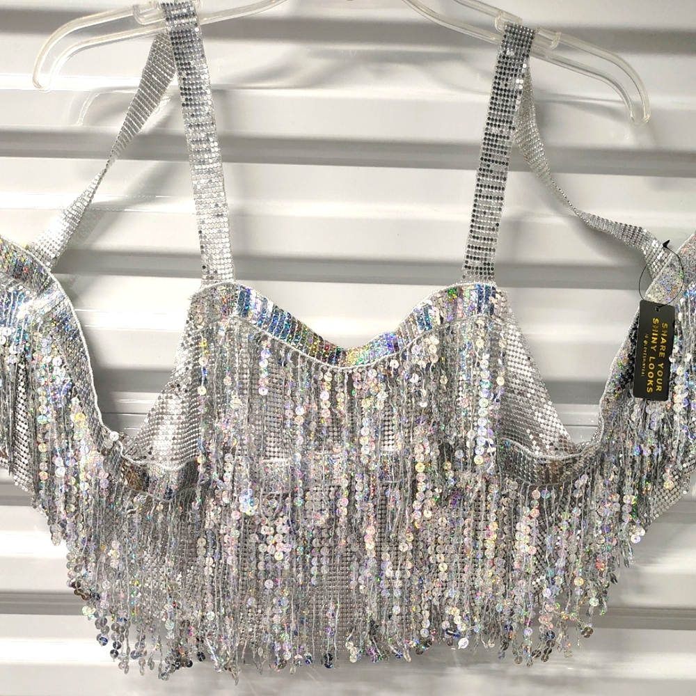 SHINY GAL NWT METALLIC SILVER CHAINMAIL  & FRINGE DANGLNG PARTY BLING CROP TOP